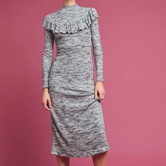 Anthropologie Ruffled Ribbed Marled Gray Knit Midi Sweater Dress Eri + Ali - Picture 1 of 6